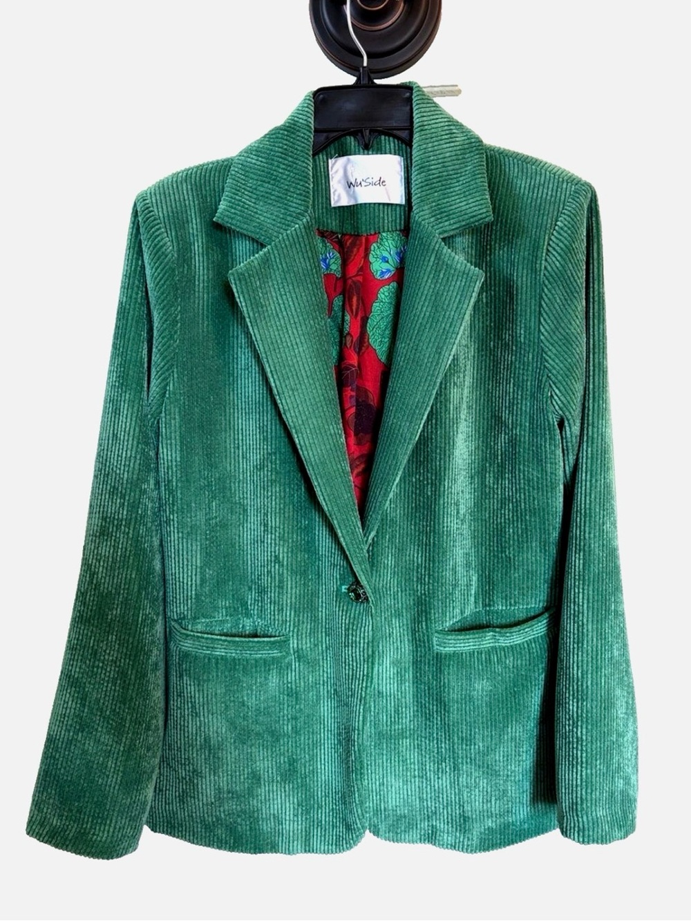 Wu’Side Italy Green Corduroy Blazer M/L Jeweled Button Floral Lined Jacket